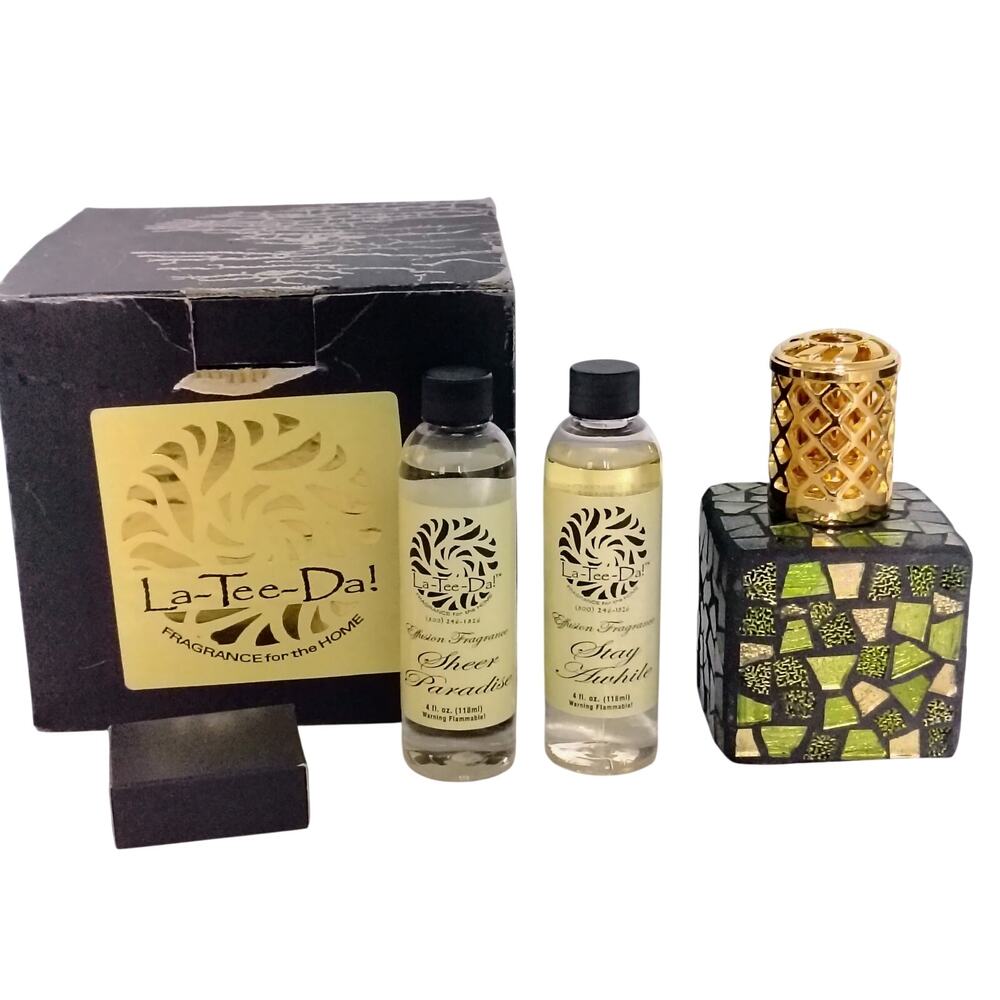La Tee Da Green Mosaic Glass Gold Top Fragrance Diffuser Oil Lamp Set NEW Flaw